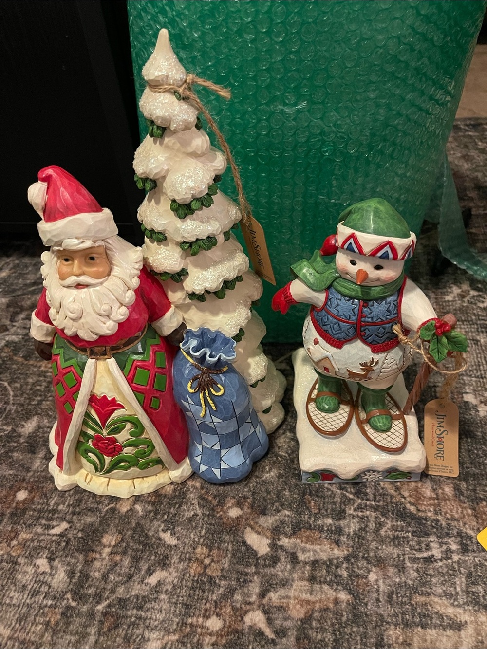 Jim Shore Red, Green & White Santa, Snowman & Tree Figurine Trio